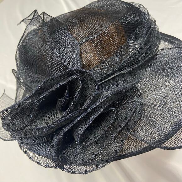 Vintage Straw Hat Ladies Church Funeral Dress Sun Derby English Look Dark Blue - Picture 1 of 9